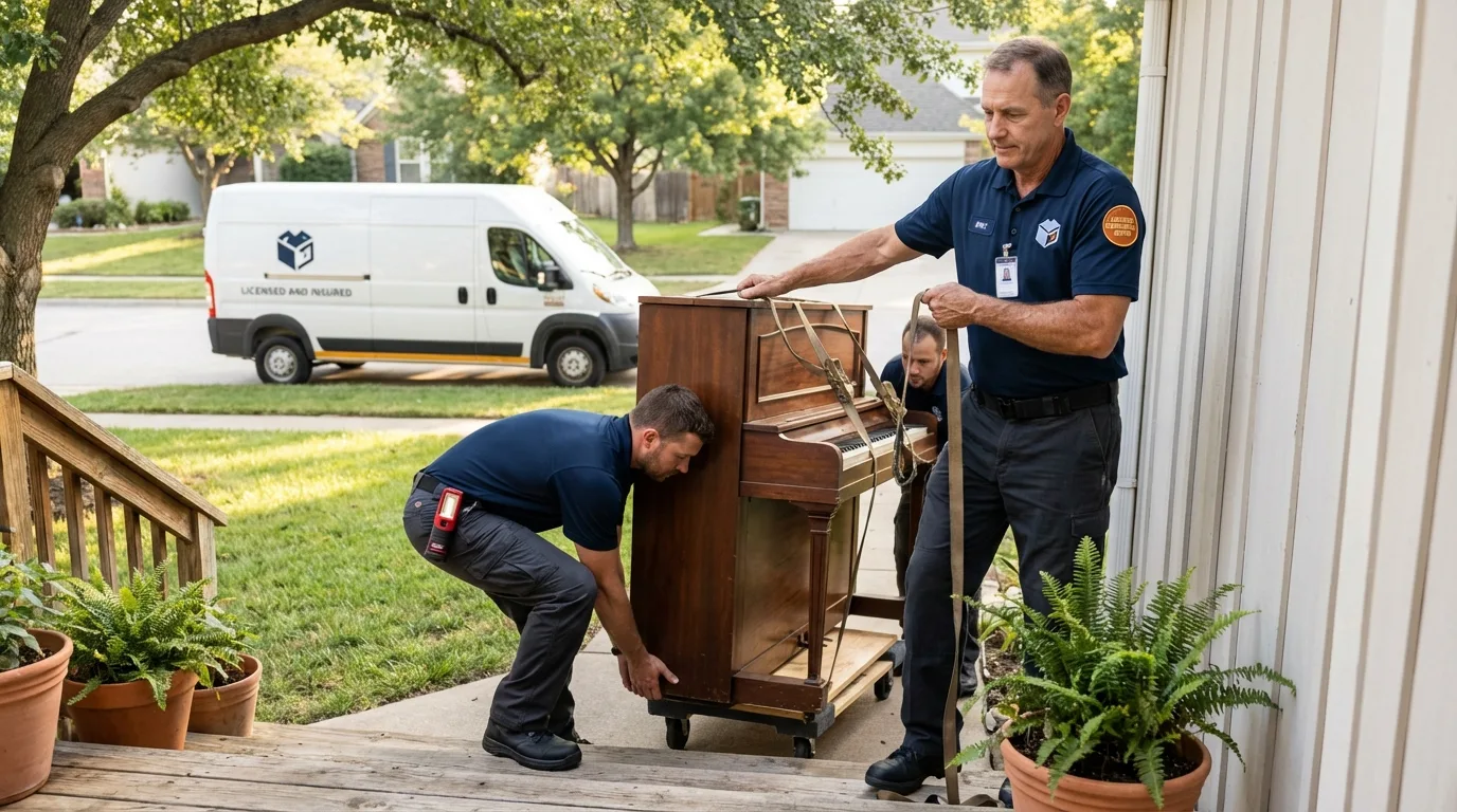 Licensed piano movers securing grand piano in Marianna, FL
